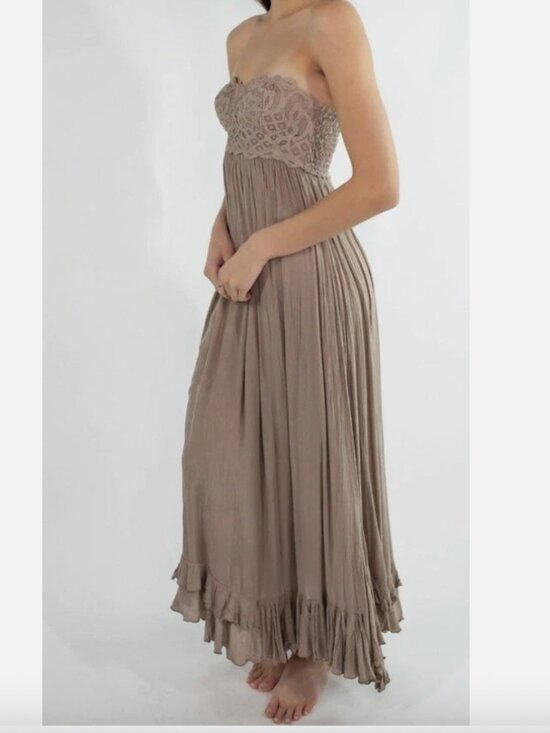 Fp One Dresses & Skirts - Free People Adella Strapless Taupe Corset Maxi Dress with Lace Bodice Size Large